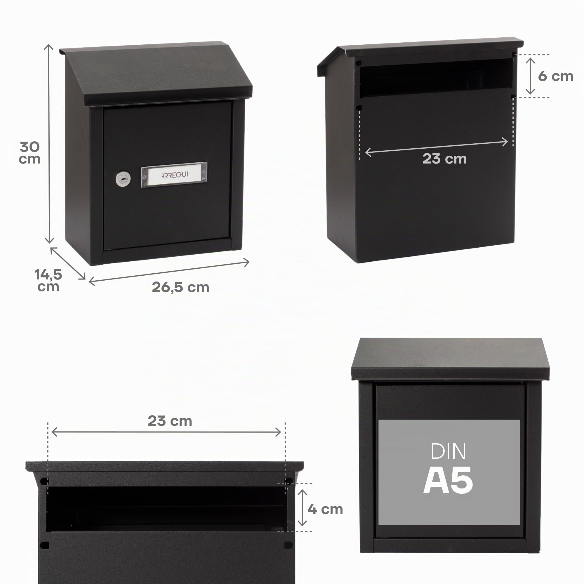ARREGUI V4094 Buzón Recogecartas de Acero para Puertas o Verjas en el Interior, Boca Recogecartas de 23x4 cm, Tamaño S (Correo DIN A5), Resistente a la Intemperie, Fácil de Instalar, Negro Texturado