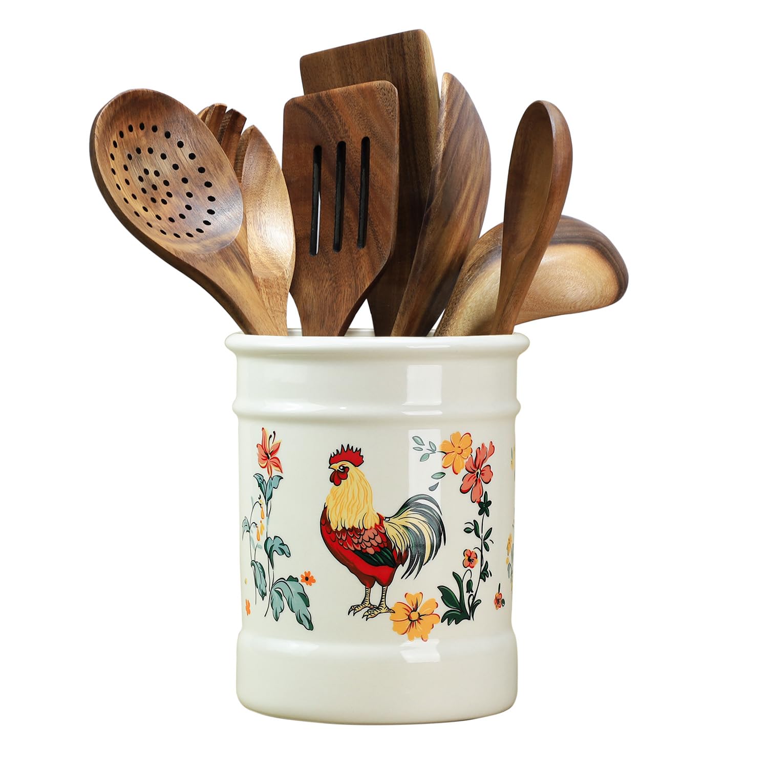 Bicuzat Ceramic Rural Rooster Pattern Kitchen Utensil Holder, Large Cooking Utensil Crocks, Ceramic Utensil Organizer for Spatula, Kitchen, Home Decoration