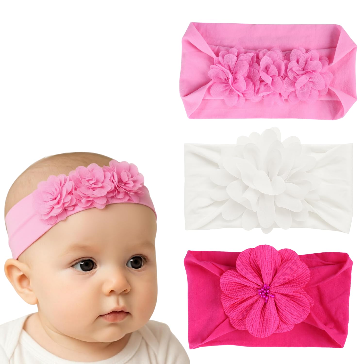 ANNA CREATIONS 3 Pcs Baby Headbands for Girls & Boys, Soft Stretchy Hair Bands with Flower Design, Cute and Comfortable Hair Accessories for Newborn, Infant and Toddler Babies-image-26