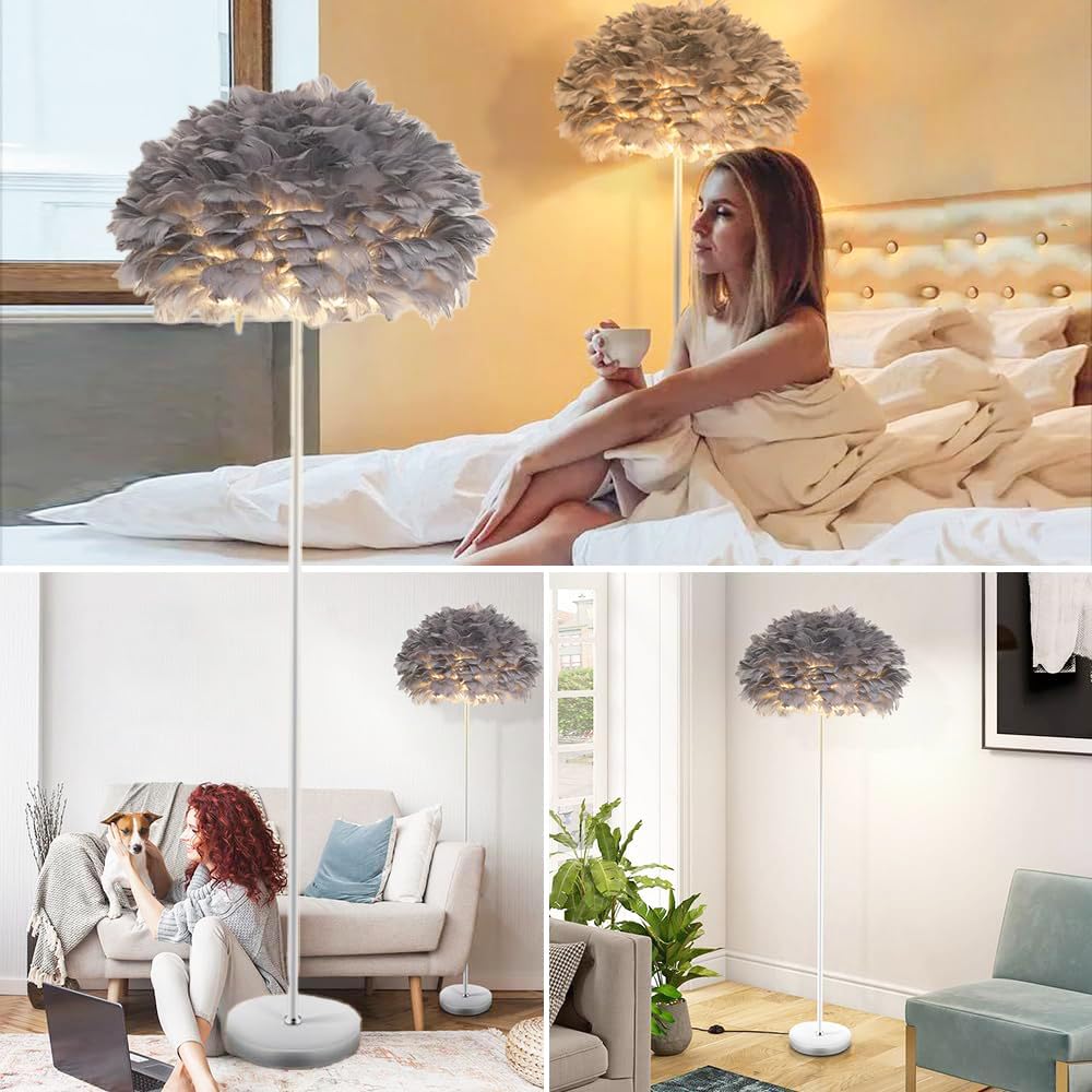 XINYASEE Feder Stehlampe,Weiße/grau Feder Stehleuchte,Modernes Stehlampe für Schlafzimmer Wohnzimmer,Dimmbare Stehleuchte mit Feder Schirm,Minimalistische Standleuchte für Wohnzimmer Dekoration (Grau)