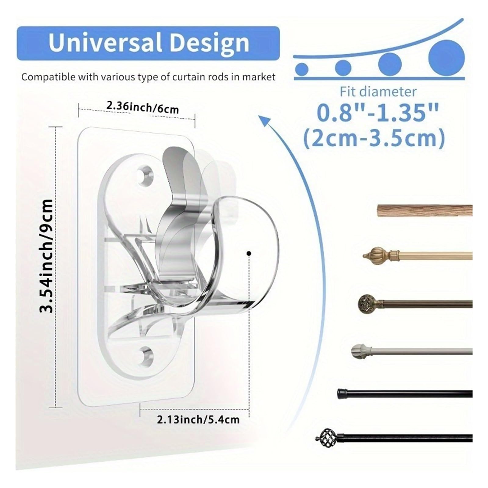 Supports de Tringle à Rideau sans perçage, Supports Auto-adhésifs adaptés aux locataires, Crochets Robustes Adapté aux familles(Transparent -12pcs)