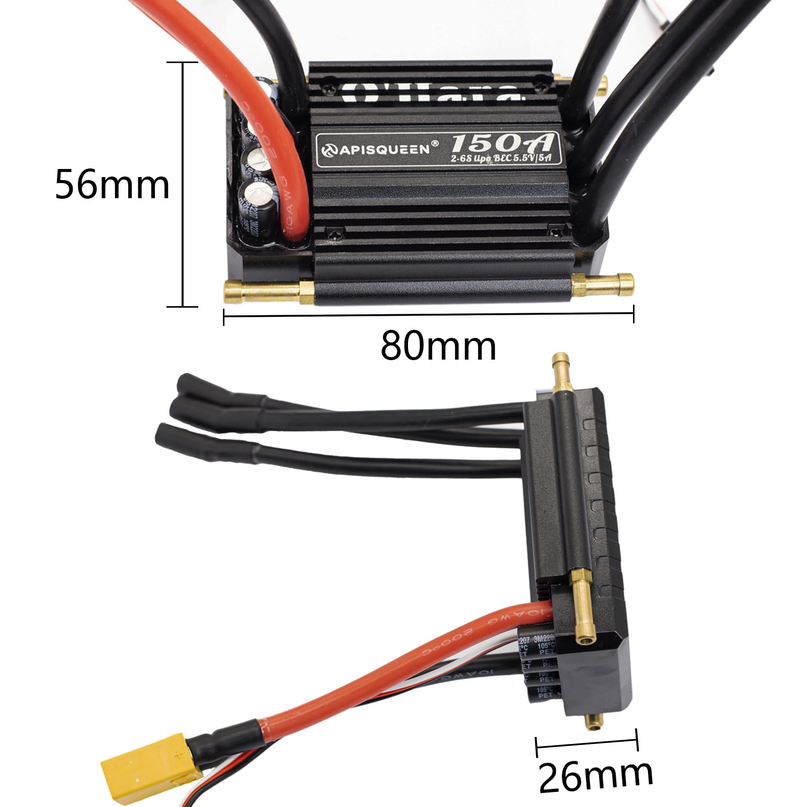 Ohara 150A 2-6S ESC Controlador de velocidad electrónico impermeable sin escobillas con 5.5V/5A BEC y XT90 6.0mm Conector de cabeza banana para barco modelo de barco RC
