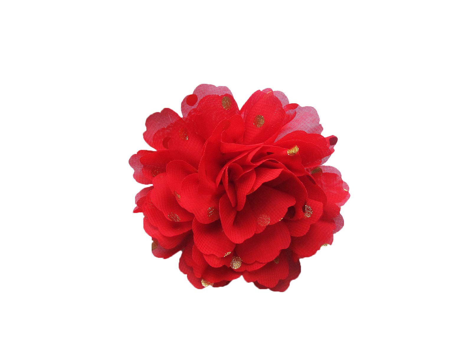 PrettyBoutique Girls Women Chiffon Gold Polka Dots Flower Hair Clip Bobble Brooch Pin (3.5cm Safety Pin, Red)