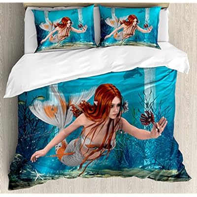 Ambesonne Mermaid Duvet Cover Set, Lifelike Mermaid Holding a Sea Lily Magic Aquatic World Theme, Decorative 3 Piece…