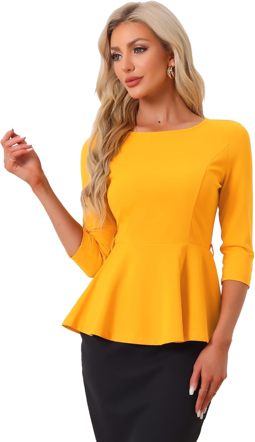 Allegra K Peplum Tops for Women's 3/4 Sleeve Belted Business Work Dressy Casual Blouses