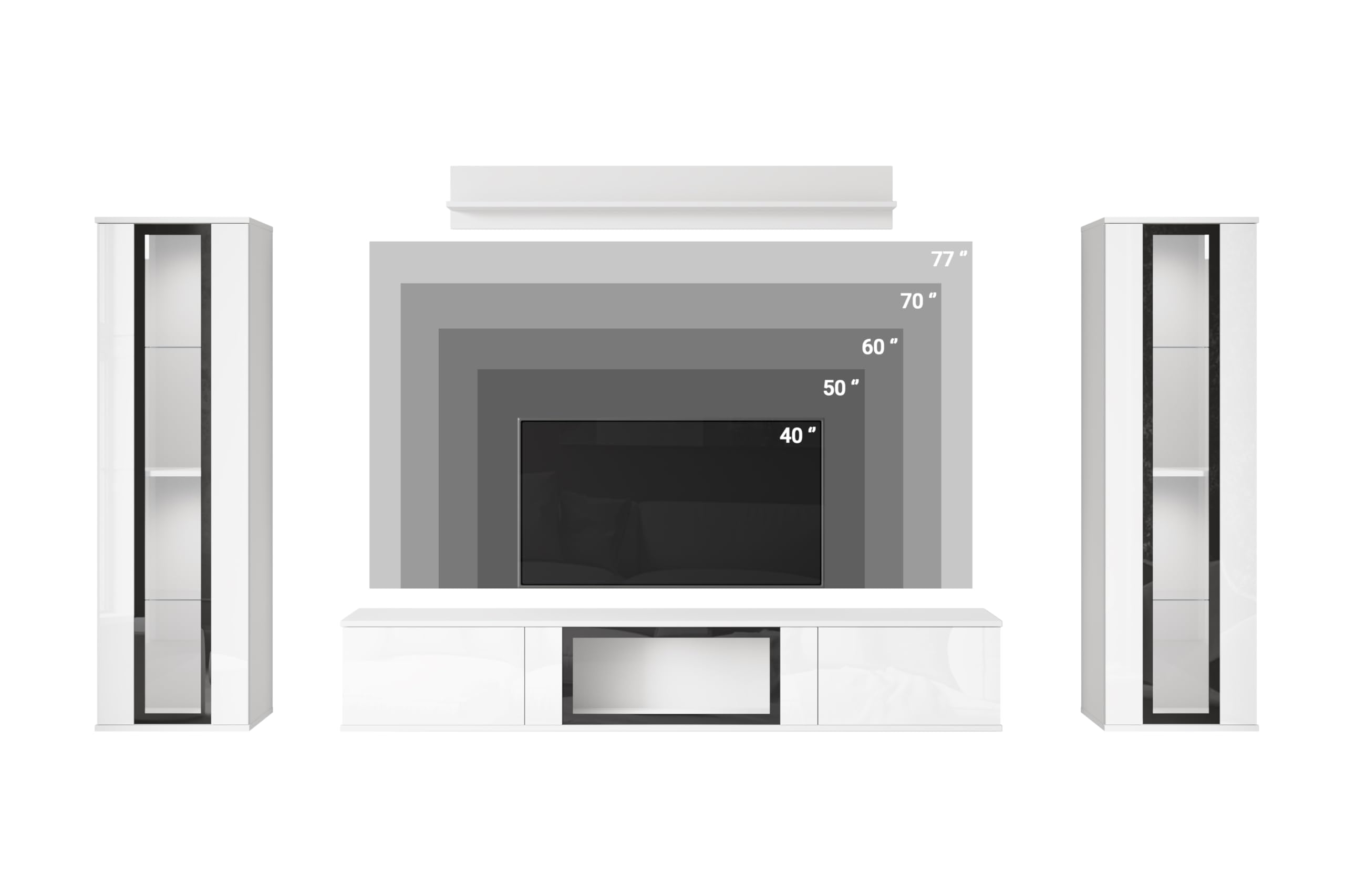 MINIO go for it - Ensemble de Meubles de Salon FARO 4 pièces avec LED | Armoire haute, vitrine, meuble bas avec porte en verre, étagère murale, panneau stratifié, blanc mat / blanc brillant