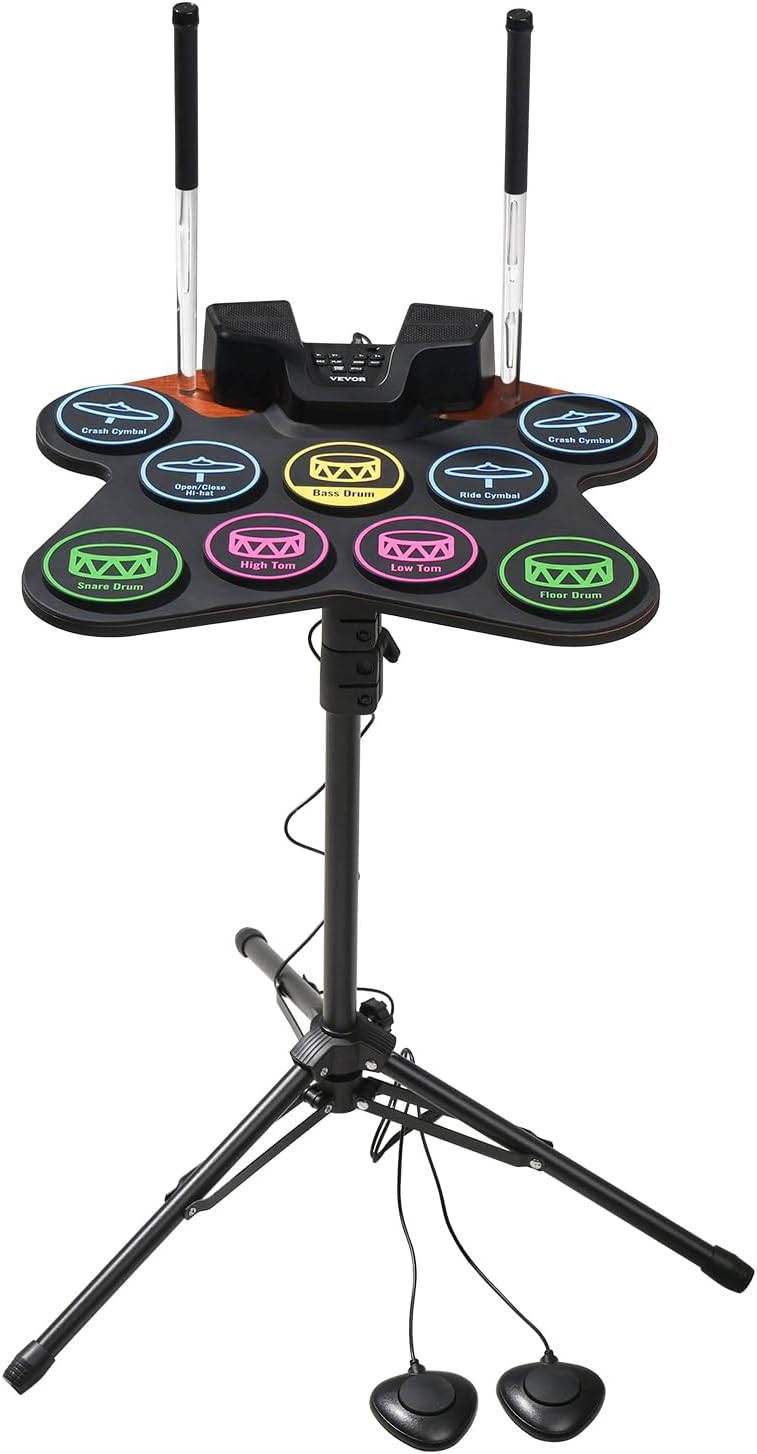 VEVOR Electric Drum Set, 9 Pads, Roll-up Drum Practice Pad, Electronic Drumset with Headphone Jack, Stand, Double Pedals, Light Up Drum Sticks, Built-in Dual Speakers, Instrument Toy for Kids Ages 3+