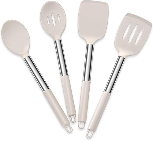 E-far Juego de 4 utensilios de cocina, utensilios de cocina de silicona para utensilios de cocina antiadherentes, espátula ranurada resistente al