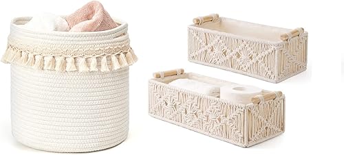 Mkono Cestas de almacenamiento de macramé, caja de decoración bohemia para guardería, cesta de bebé, juego de 3