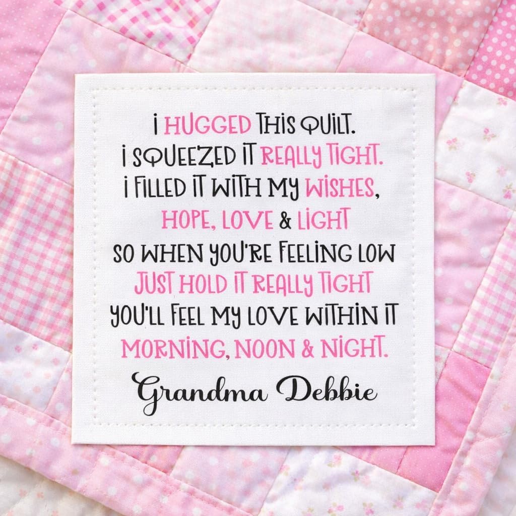 Personalized Quilt Label Poem – “I Hugged This Quilt” Custom Quilt Labels with Name – Cotton or Polyester Fabric Labels – 2.75 x 2.25 Inch – Sheet of 6