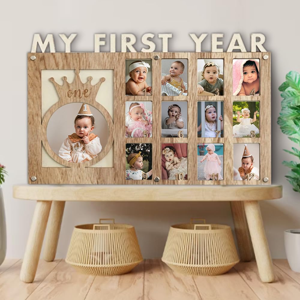 Cornice portafoto per il primo anno del bambino, con scritta "My First Year", con 12 foto mensili, perfetta come regalo di compleanno