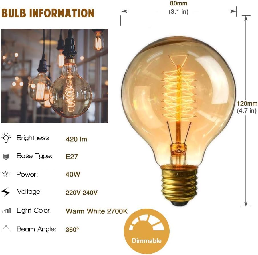 B4U 2 Pack Vintage G80 Light Bulb 40Watt, Dimmable E27 Edison Screw Bulb, Globe Spiral Filament Bulbs 40W, Soft Warm White 2700K - Image 3
