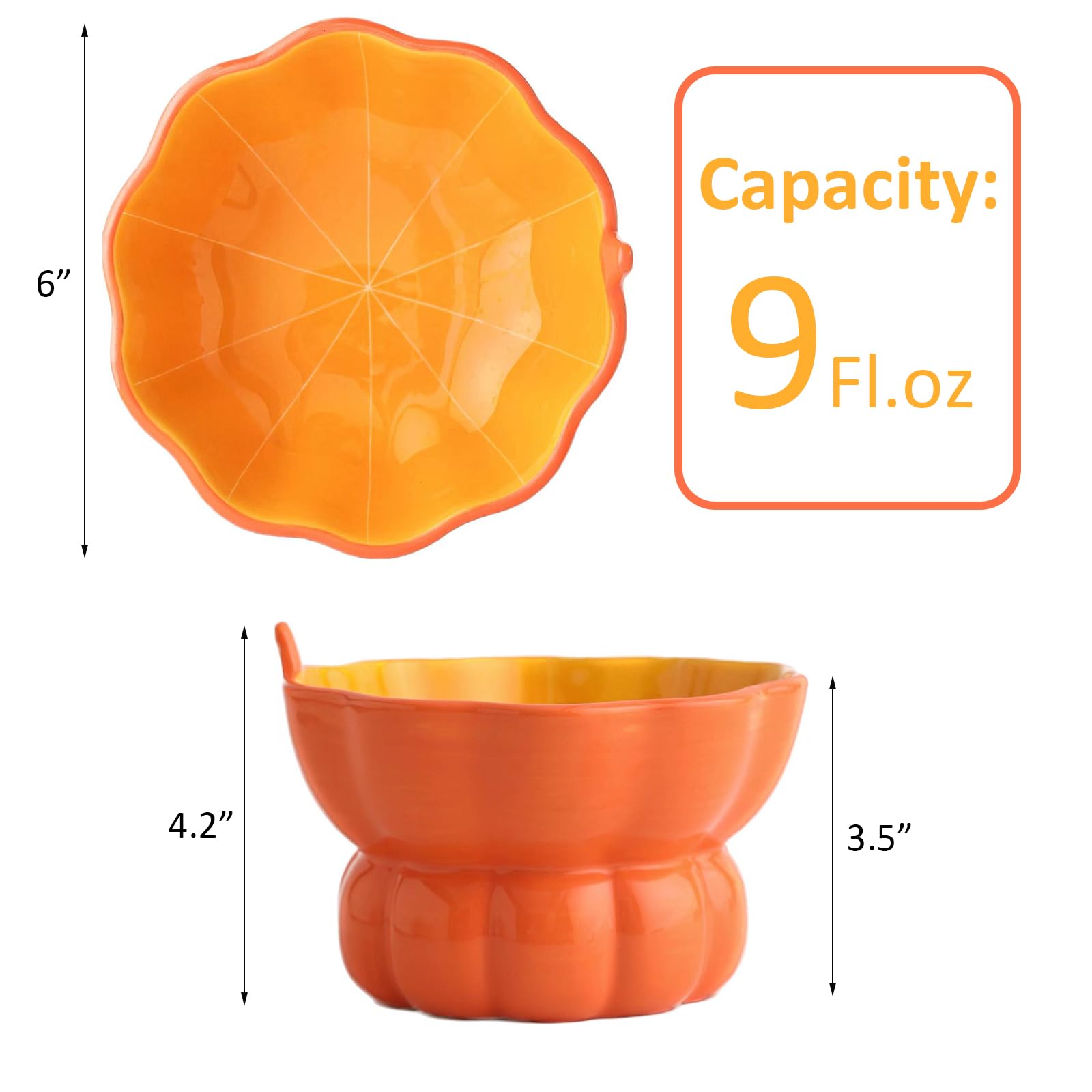 Yeexoxow Cute Pumpkin Shaped Bowl, Ceramic Raised Cat Bowl for Food or Water, Anti Vomiting & Whisker Friendly, 9 oz Small Elevated Cat Dish for Indoor Flat Faced Cats and Kitten