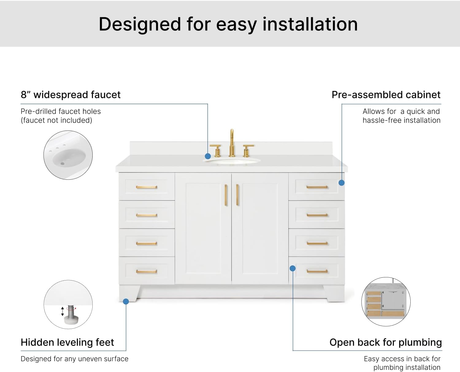 ARIEL Taylor 60-inch Bathroom Vanity with Sink,Solid Wood, 1.5-inch Pure White Quartz Countertop & Backsplash, Single Oval Porcelain Sink, 2 Soft Closing Doors, 9 Dovetail Drawers, White