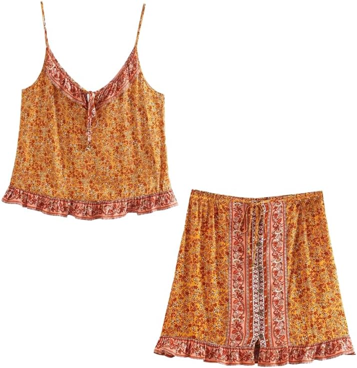 Women's Boho Floral Print Two Piece Set, Spaghetti Strap Cami Top And Ruffle Hem Skirt, Vacation Outfit