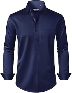 Men's Dress Shirts Long Sleeve Wrinkle-Free Stretch Shirts Solid Formal Button Down Shirt with Pocket