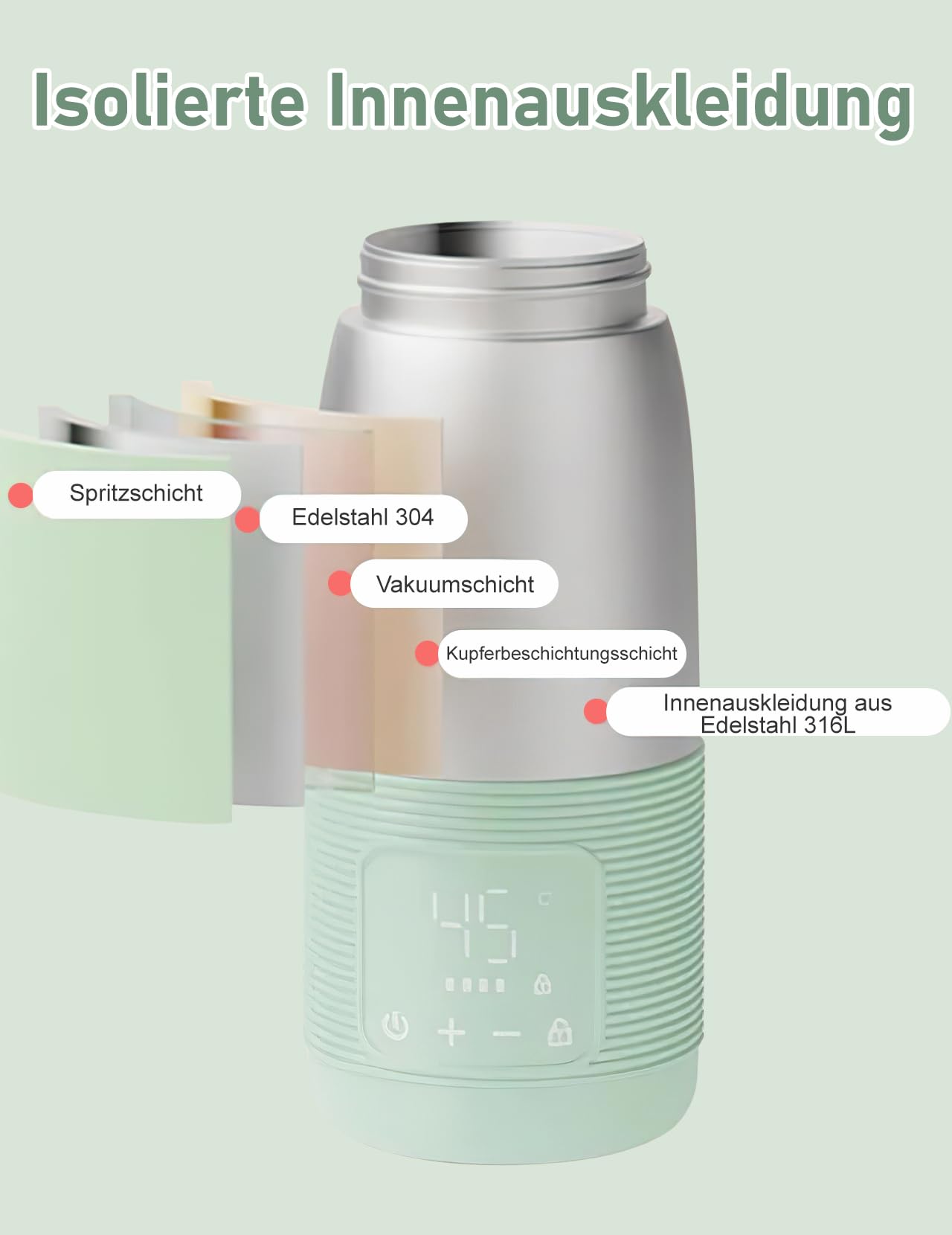 Tragbarer Flaschenwärmer, 500ml Flaschenwärmer Baby Unterwegs Präzise Temperaturkontrolle 37 Bis 55 Grad Einstellbar für Reisen Nachtfütterung (Grün)