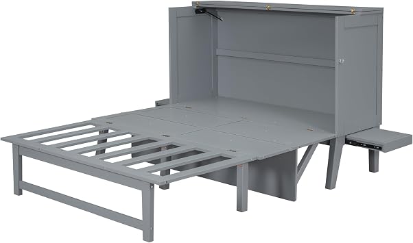 Murphy Cube Queen Cabinet Beds with Charging Station and A Storage Drawer, Wood Foldable Queen Size Platform Bed Frame for Home Office Studio, Gray