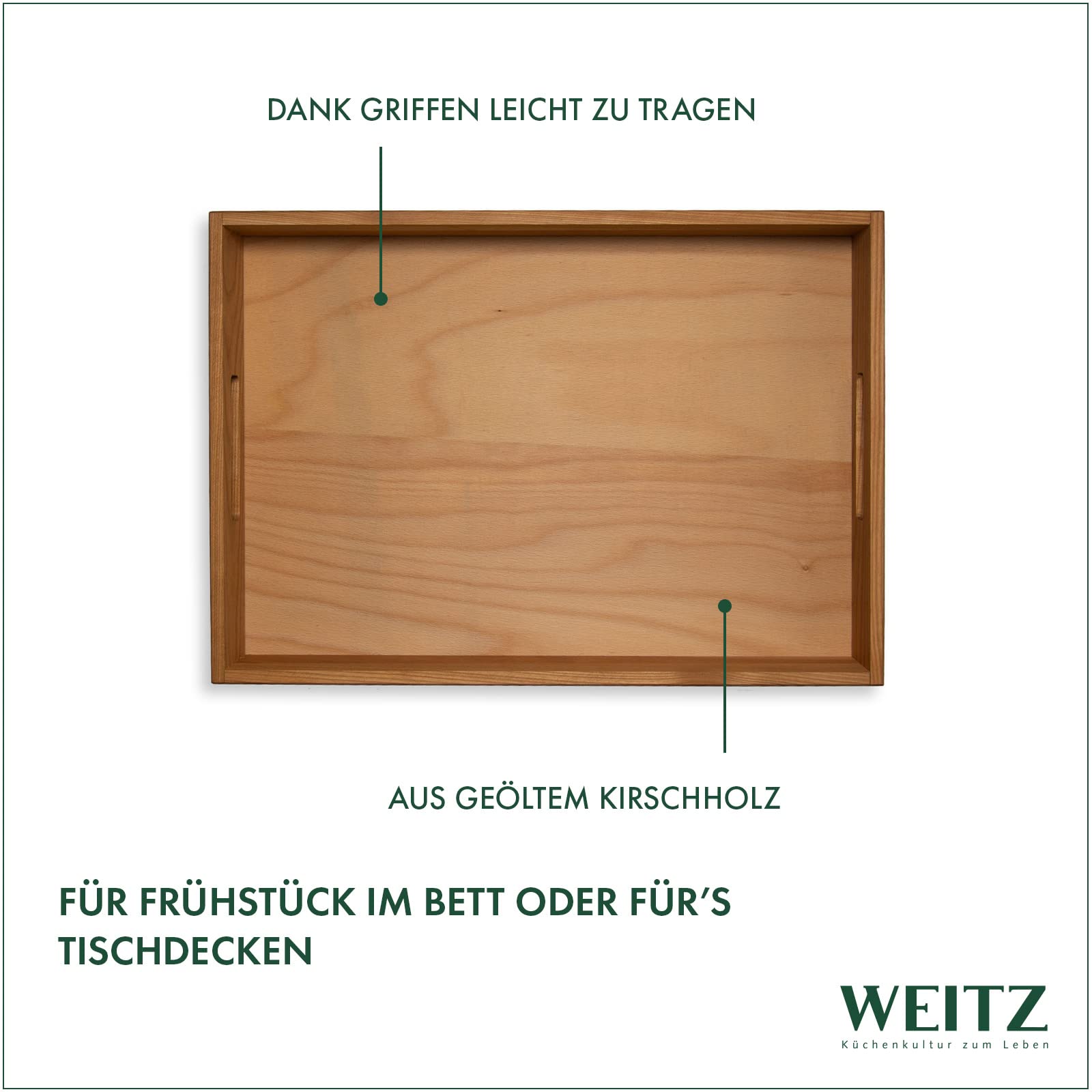 Weitz Serviertablett 45x33 cm aus geöltem Kirschholz, Holztablett aus Holz mit Griffen, rechteckiges Frühstückstablett