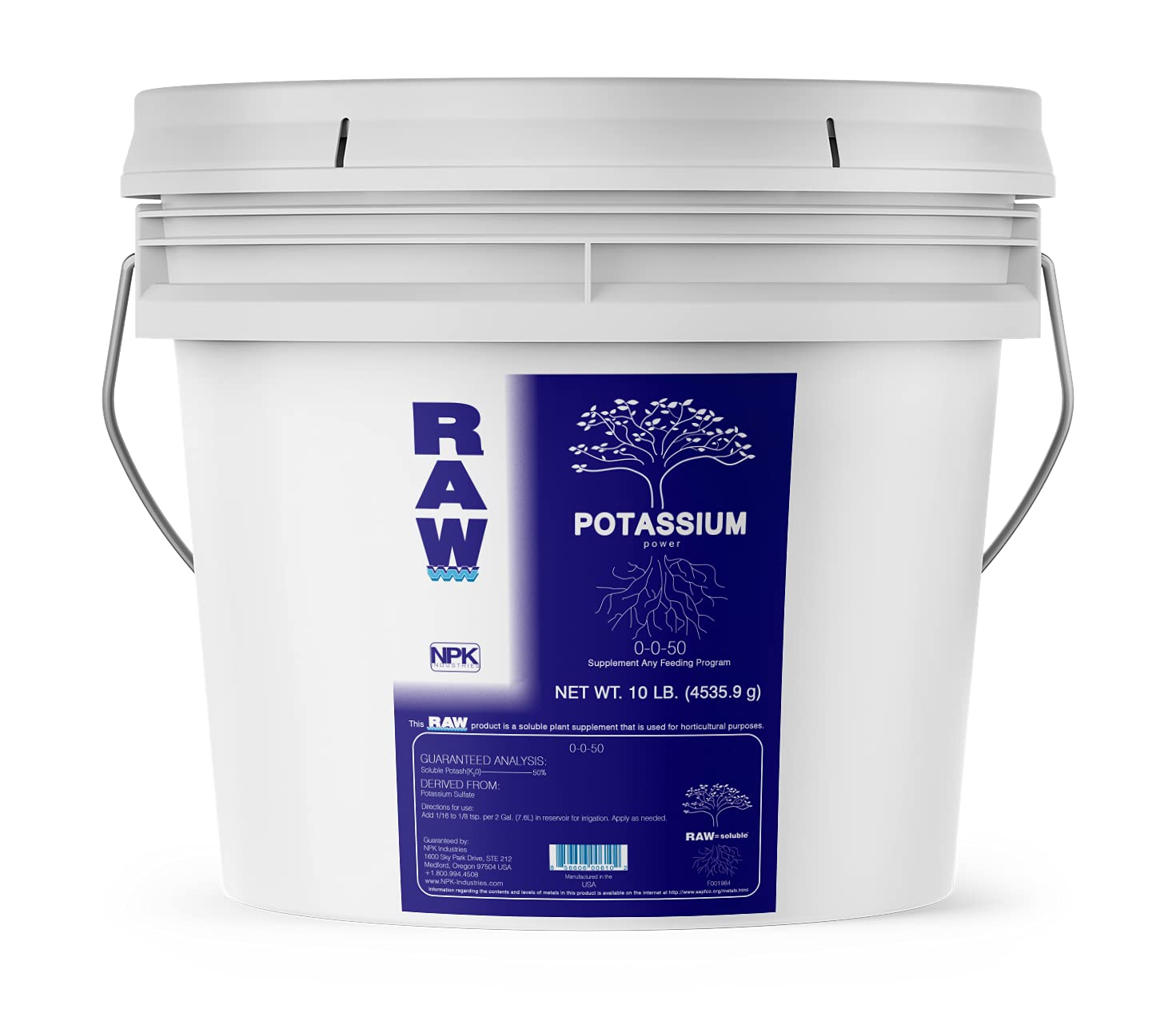RAW Potassium Fertilizer 0-0-50 10lb | Water Soluble Potash for Flowering Plants & Bloom Stage Hydroponic Nutrients for Indoor Plants Garden & Vegetable Fertilizer
