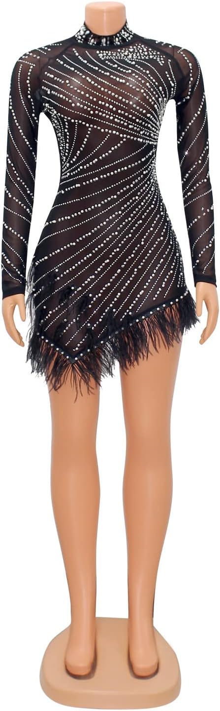 ENOPINK Women Sexy Rhinestone Feather Dress Mesh Sheer Bodycon Long Sleeve Mini Dresses Birthday Outfits Clubwear - Image 4