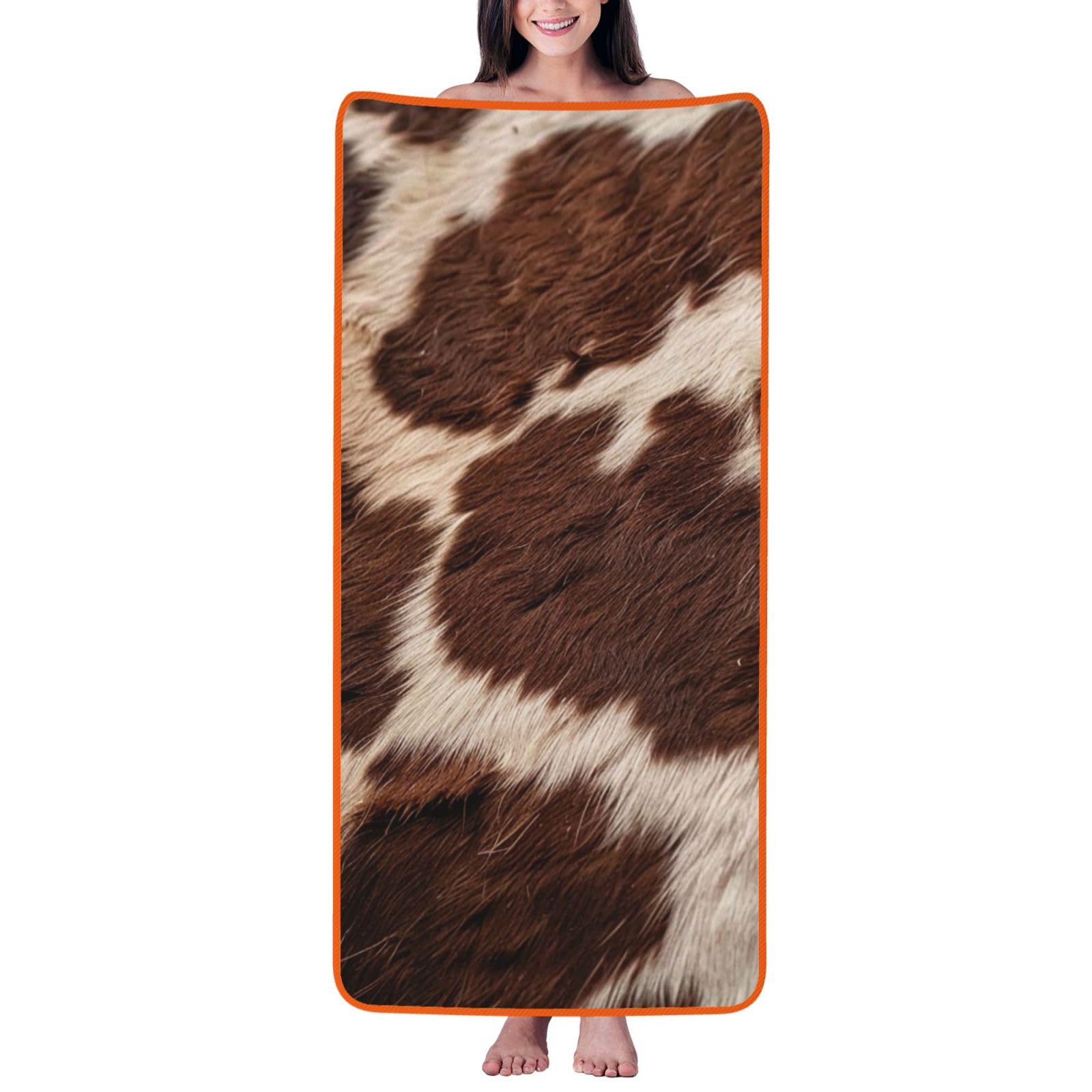 WPKJU Brown Cowhide Printed Bath Towel with Orange Edging - 27x55 in Soft Extra Absorbent Coral Velvet Shower Towels for Bathroom