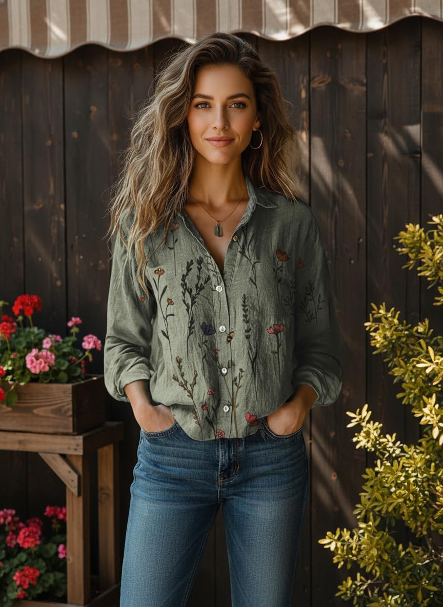 Women's Vintage Boho Floral Printed Shirt Long Sleeve Button-Down Lapel Casual Retro Blouse Tops - Image 3