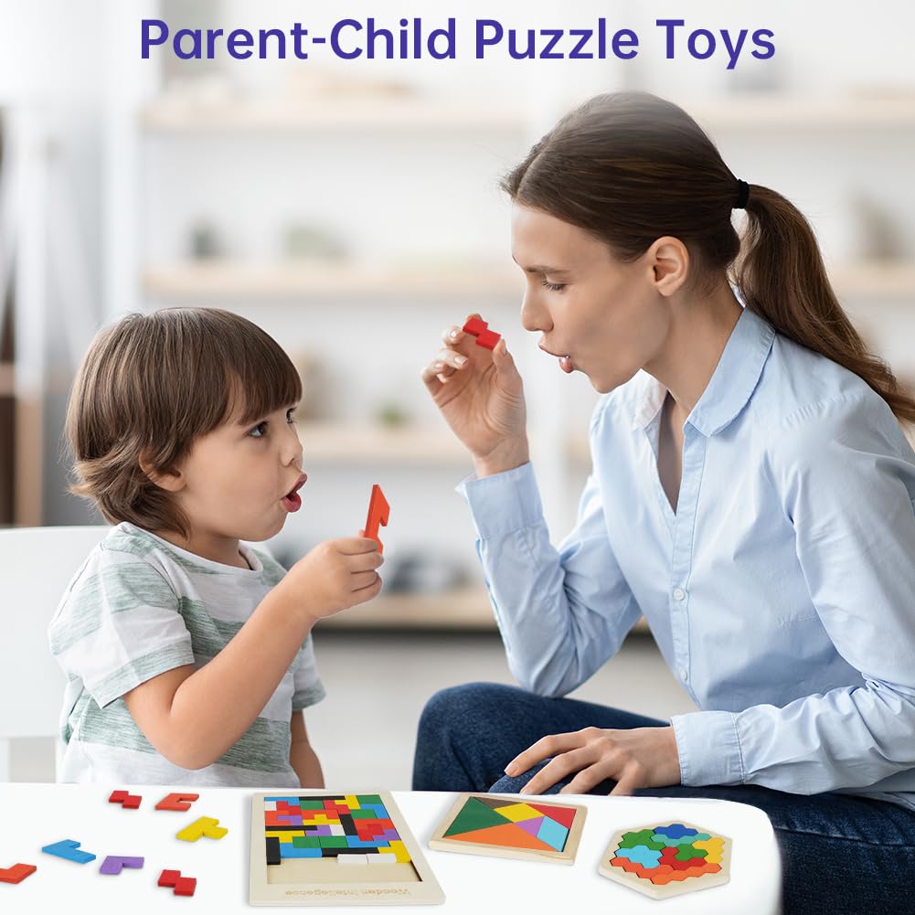 Ainiv Tangram Puzzles, 3 w 1 Drewniane Puzzle Inteligencji Zestaw, Drewniana Układanka, Łamigłówka, Zabawki Edukacyjne, Pudełko Puzzle, Klocki Budowlane, Prezent dla Chłopców i Dziewcząt