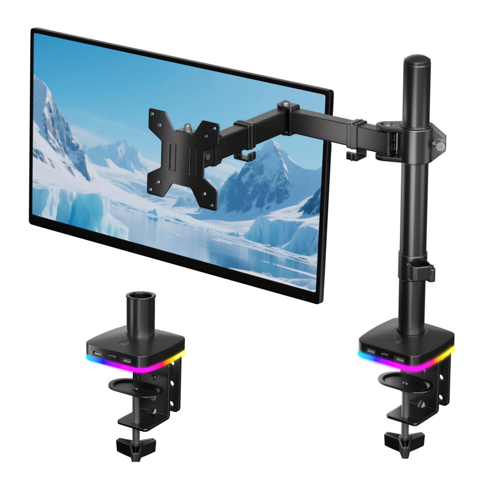 Afaloona RGB Monitor Arm with USB Hub for 13-27" Monitor, up to 17.6 lbs RGB Single Monitor Arm