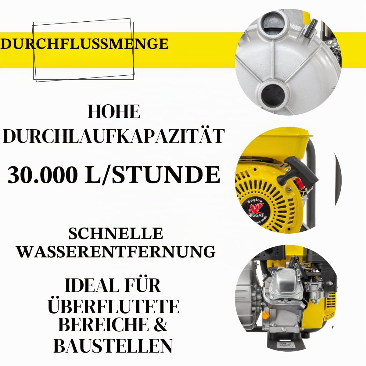 Schmutzwasserpumpe 30.000 l/h Benzin Wasserpumpe 2 Zoll, 28 m Förderhöhe, 5 PS 4-Takt Motor, Hochleistungs Entwässerungspumpe für Baustelle & Überschwemmung WASPPER WP20D-P