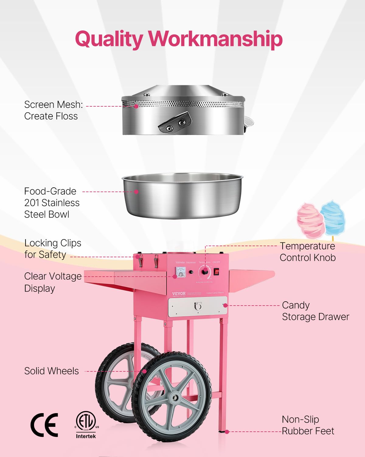 VEVOR Machine à barbe à papa électrique avec chariot, 1000 W, appareil à barbe à papa commercial avec bol en acier inox de 52 cm, cuillère à sucre et tiroir, pour fêtes d'anniversaires d'enfants, rose