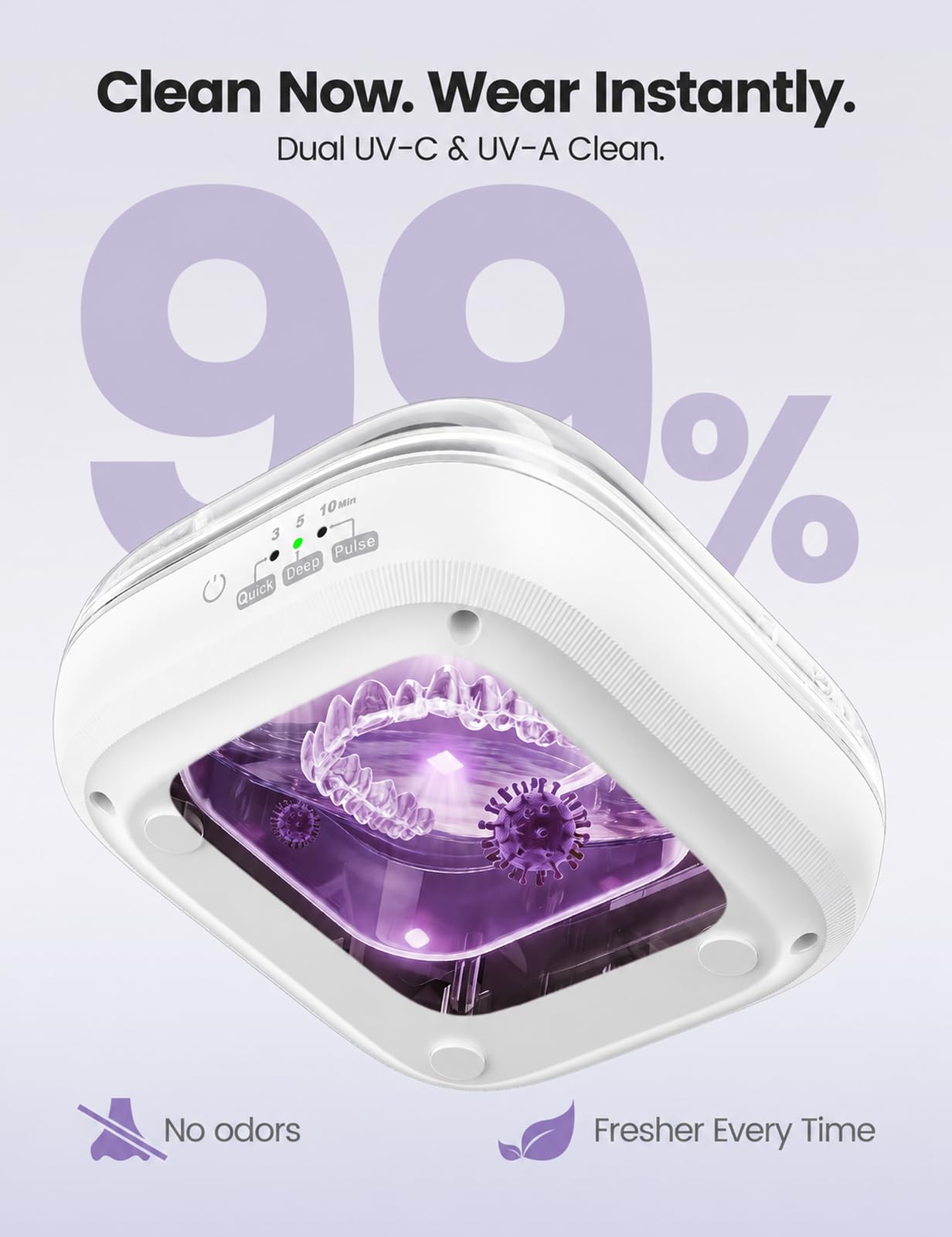 VAYDEER Nettoyeur Ultrason 48kHz Compact Silencieux 3 Modes UV pour Appareil Dentaire Prothèse Bijoux Blanc