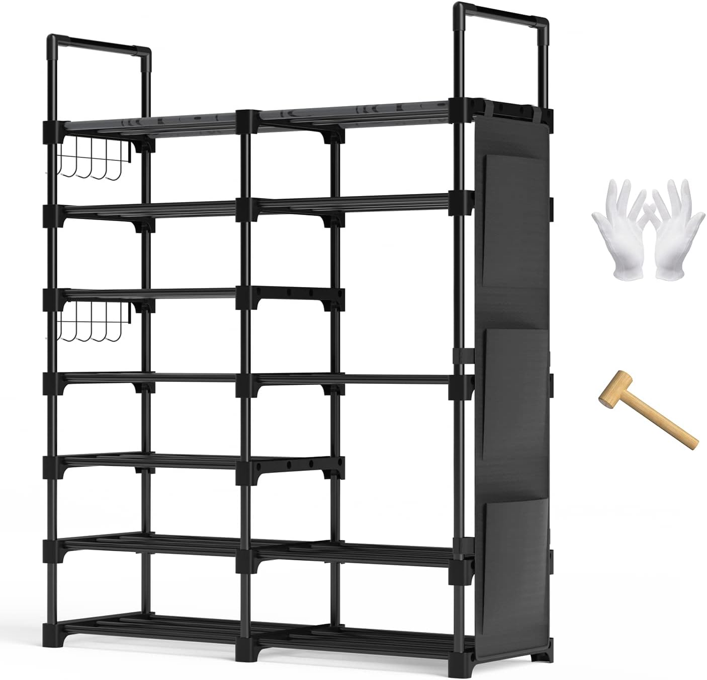 Ohuhu Shoe Rack, 7 Tiers 30 Pairs Metal Black Shoe Shelf Racks Boot Shoes Organizer Storage Free Standing Shoe Tower for Closet Entryway or Outdoor with 2 Side Hooks 3 Pockets Bag Room Organizer