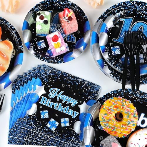 qyeahkj 100 pcs 10th birthday decorations for boys official teen 10th supplies plate napkin forks set disposable blue 10th birthday tableware paper plates dinnerware for kids teenager favors serve 25