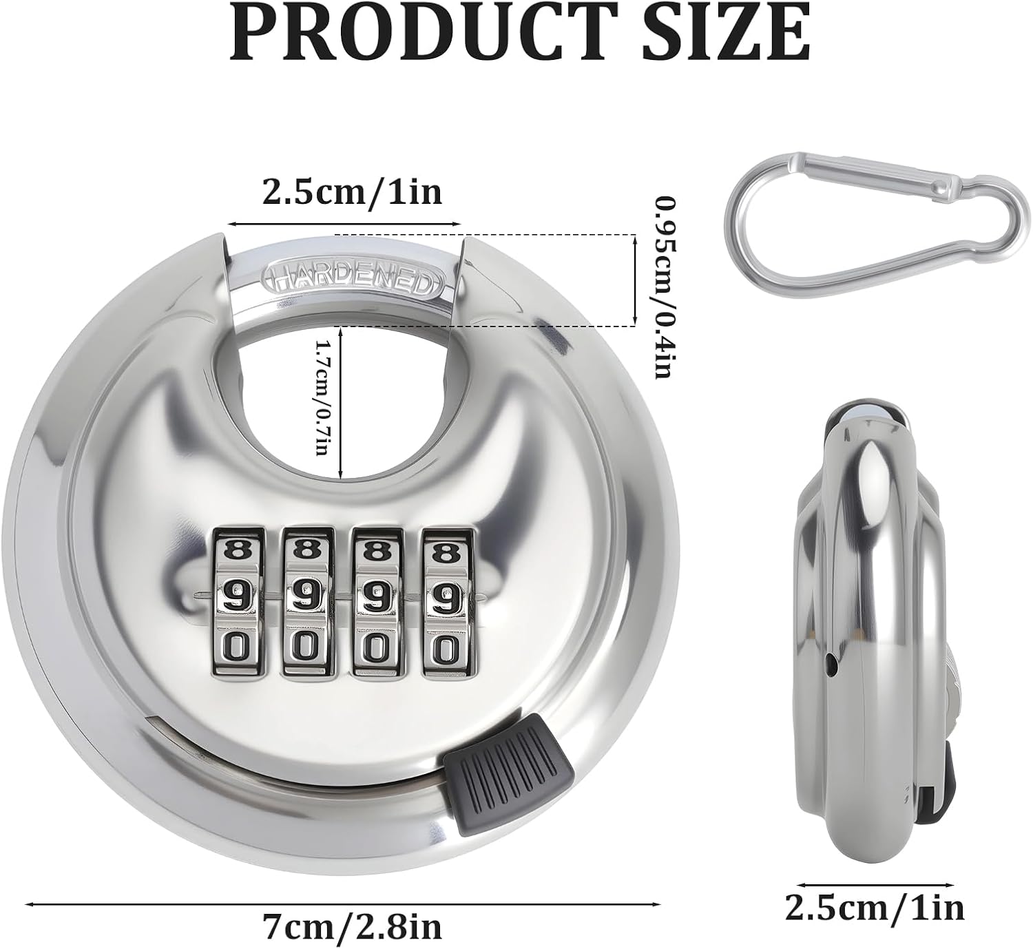 Combination Padlock Stainless Steel 70 mm - Round Shackle Lock with Combination Code & Carabiner, Weatherproof Anti Cutting Combination Lock for Bicycle Helmet Luggage Outdoor Camping Travel