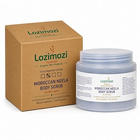 Moroccan Neela Body Scrub for All Skin Types – Natural Exfoliating Body Polish with Moroccan Blue Clay, Deep Cleansing & Skin Smoothing Bath Scrub – Handmade Cold Processed Skin Care (100 g)