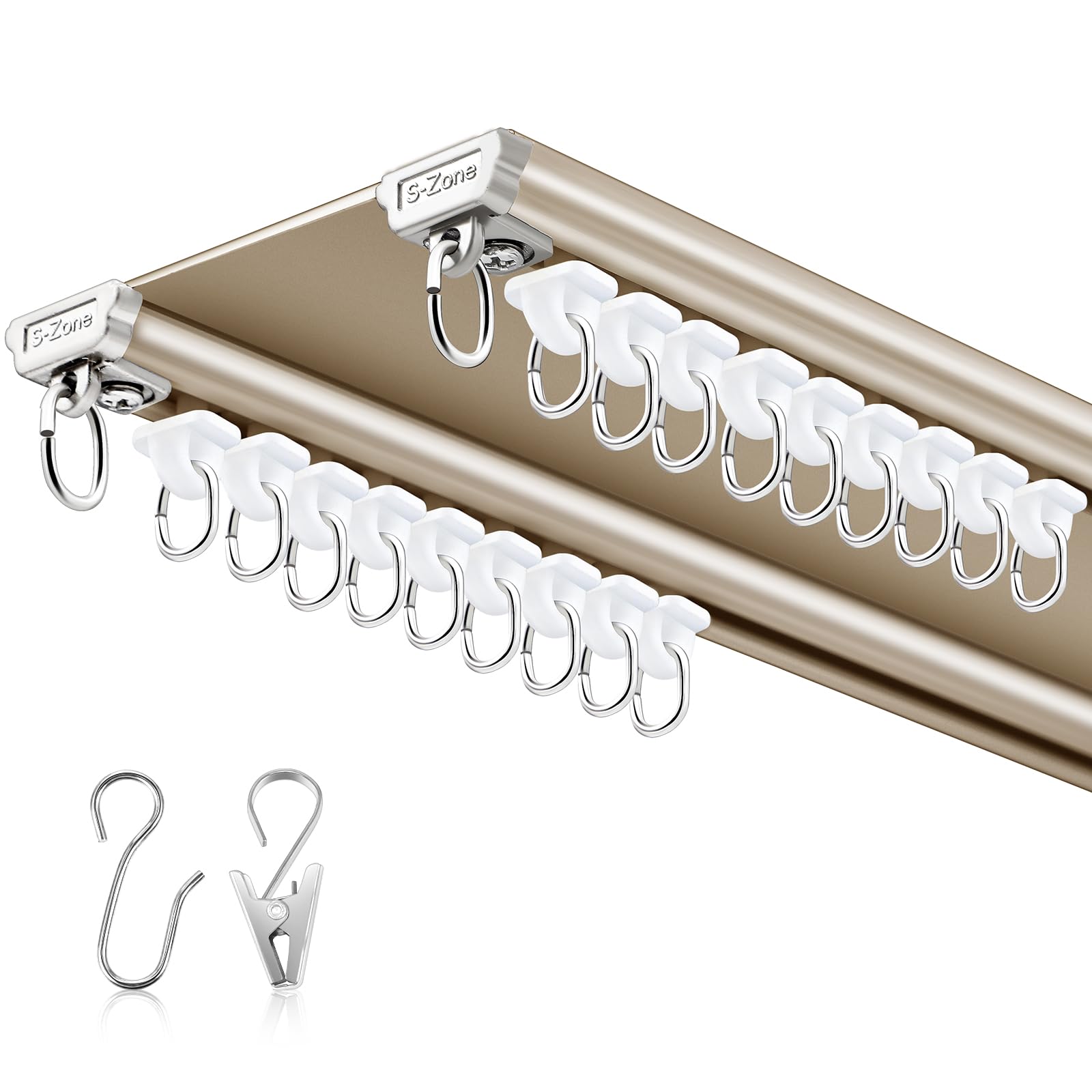 Juexica Ceiling Curtain Double Track Set 3ft-13ft/4 Meter Champagne Double Curtain Track Ceiling Mount Heavy Duty Room Divider Adjustable Length Rails with Clips Hooks End Hook