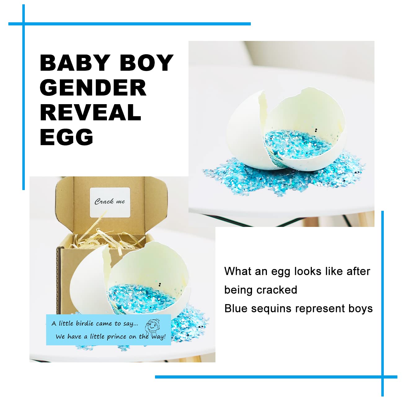 MUFUN Baby Gender Reveal Egg, Boy Gender Reveal, Unique Gender Reveal Ideas, Surprise Egg with Blue Sequins, for Parents, Grandparents, Friends image 3
