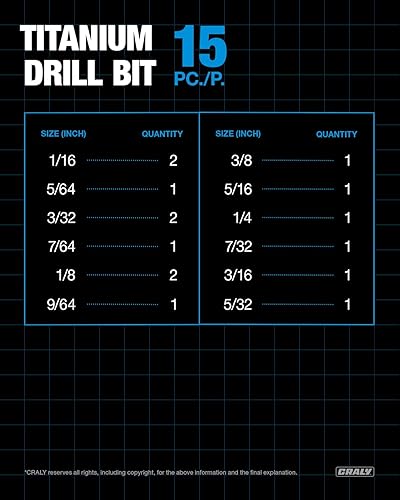 Miniatura 2 de CRALY Juego de 15 brocas de cobalto M35 HSS con revestimiento de titanio, longitud helicoidal, punta de tablero y punta dividida de 135 grados,