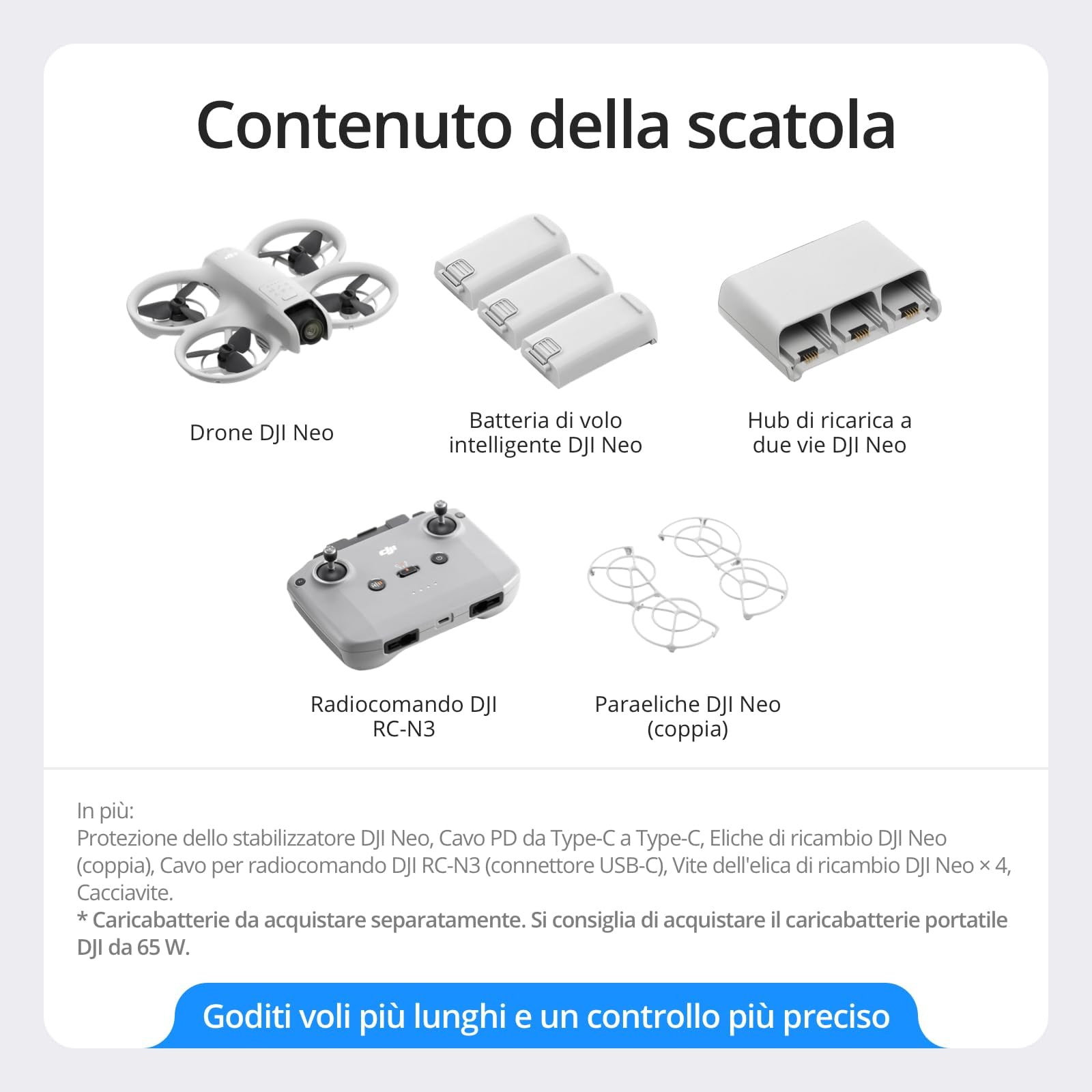 DJI Neo Combo Fly More, mini drone con fotocamera UHD 4K per adulti, 135g drone che vola da solo e ti segue, decollo dalla mano, tracciamento del soggetto, QuickShot, con RC-N3 e 3 batterie