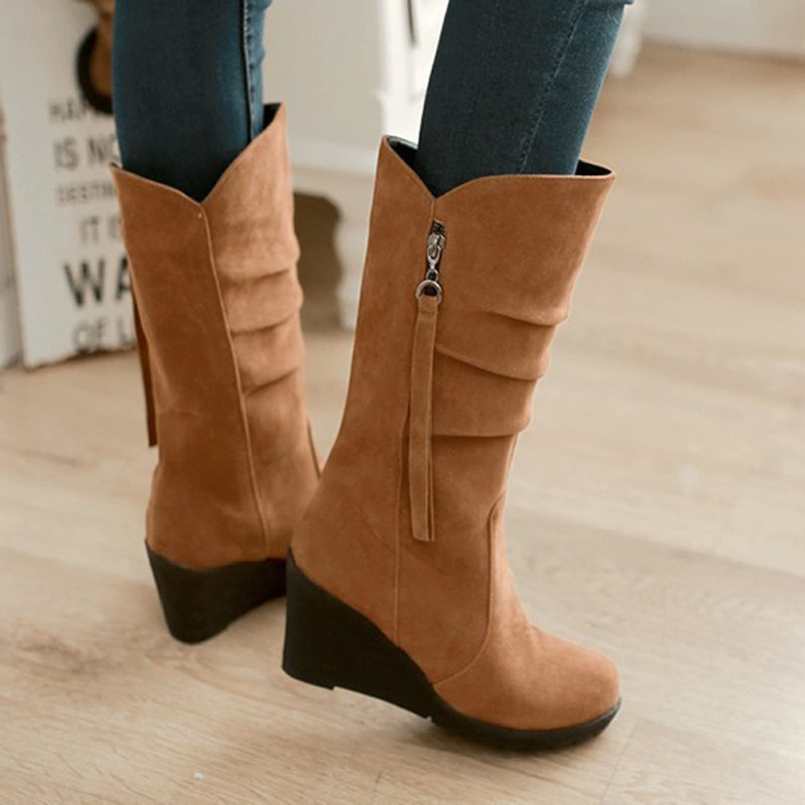 Botas Plisadas Cuñas Cuero Mujer, Botín Antiderapante Mujer Invierno, 2025 Nuevo Botines Chic Versátil Bota Casual Ancho Boot Uni Zapato Plataforma Bota Elegante Bota