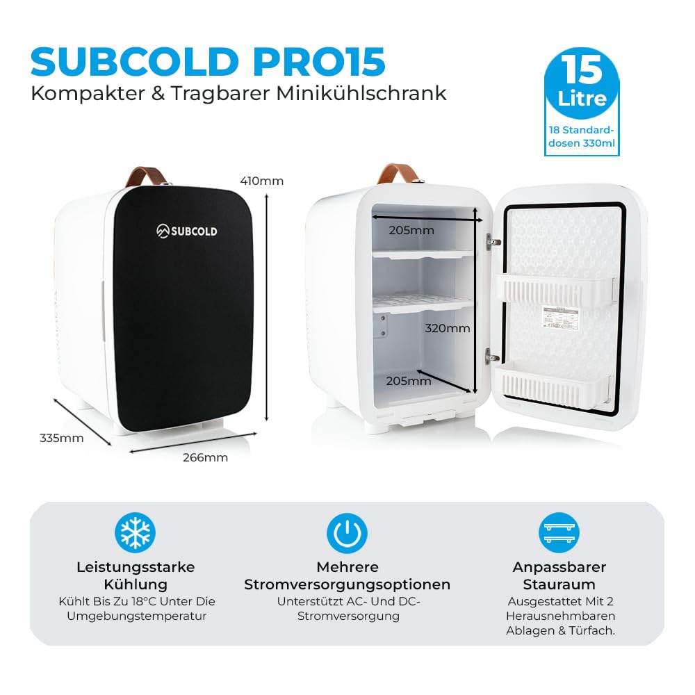 Subcold PRO15 Mini-Kühlschrank – Leise & energieeffizient, USB- & AC-betriebener kleiner Kühlschrank für Schlafzimmer, Auto, Büro & Reisen | Tragbarer Mini-Kühlschrank für Hautpflege, Beau | Schwarz