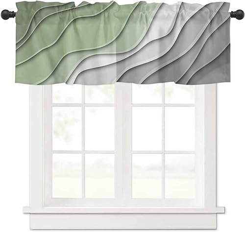 Cenefas de color verde salvia degradado para ventanas, cortinas geométricas modernas de cocina, decoración de tratamiento de ventanas, arte