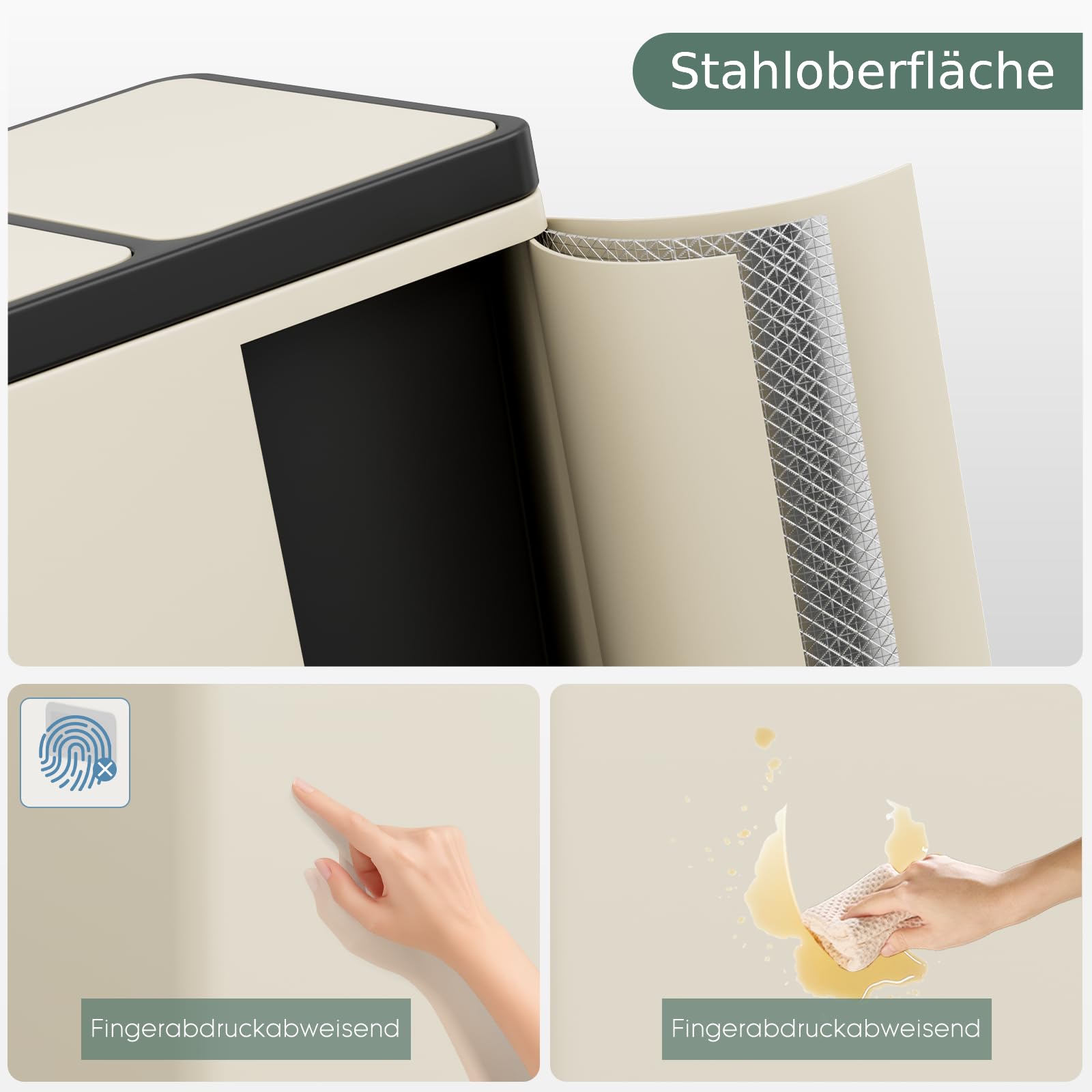 Clevich Mülltrennsystem 3×15L aus Stahl, Mülleimer 3 Fächer mit farbcodierten Pedalen, Abfalleimer mit Soft-Close-Deckeln und Inneneimern, Beige