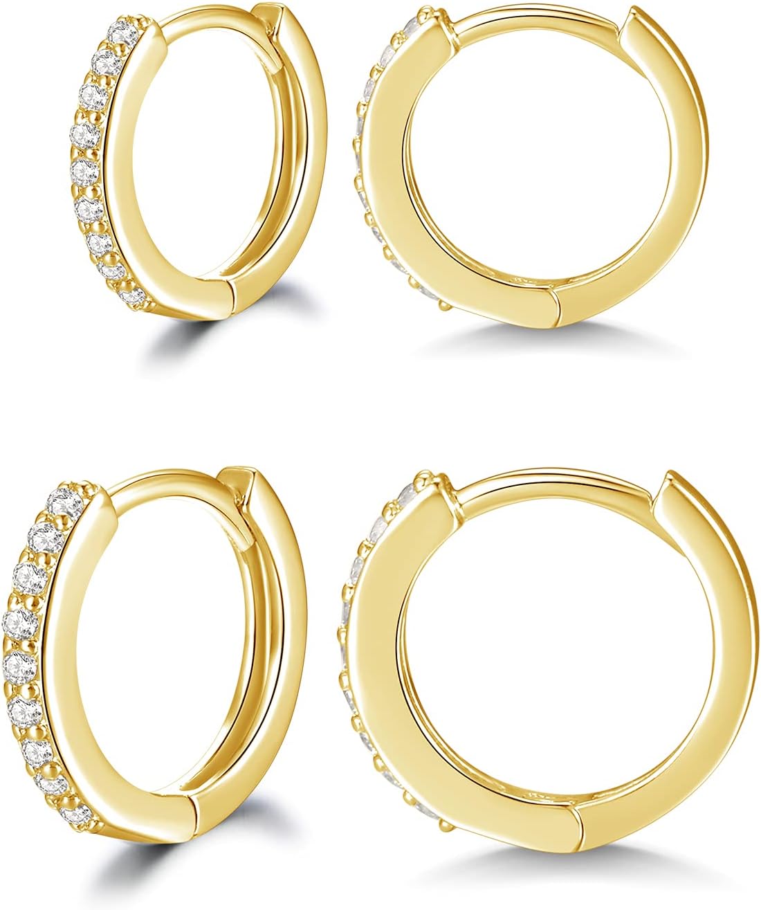 ShuxinSilver Hoops Earrings for Women, 2 Pairs 925 Sterling Silver Gold Hoop Earrings Set with AAA Cubic Zirconia, Unisex Small Sleeper Huggie Hinged Hoop Earrings for Ladies Girls, Diameter 12, 14mm