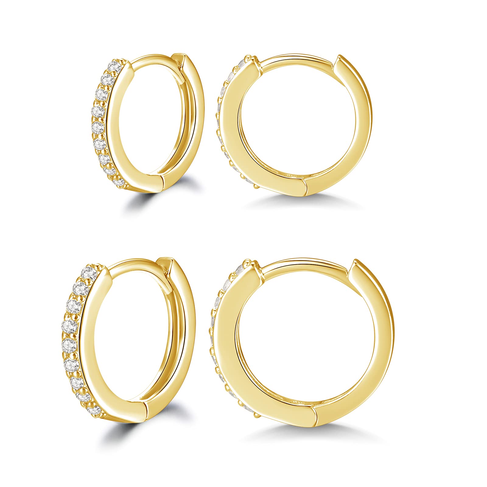 ShuxinSilver Hoops Earrings for Women, 2 Pairs 925 Sterling Silver Gold Hoop Earrings Set with AAA Cubic Zirconia, Unisex Small Sleeper Huggie Hinged Hoop Earrings for Ladies Girls, Diameter 12, 14mm