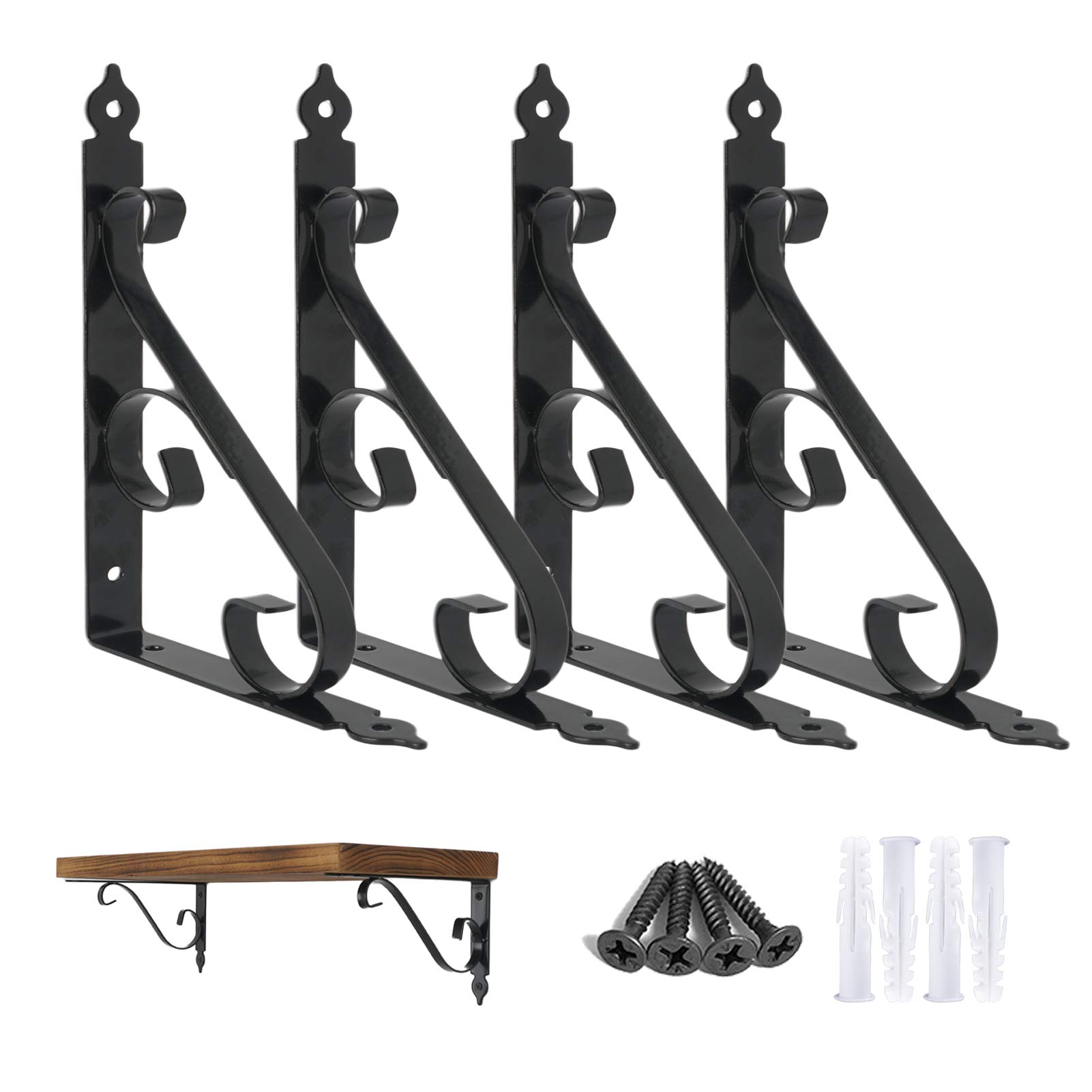 OuvinDecorative Wall Shelf Brackets 4 Pack 10inch Heavy Duty L Corner Brace Shelf Support Floating Metal Brackets with Screws (10inch) Black