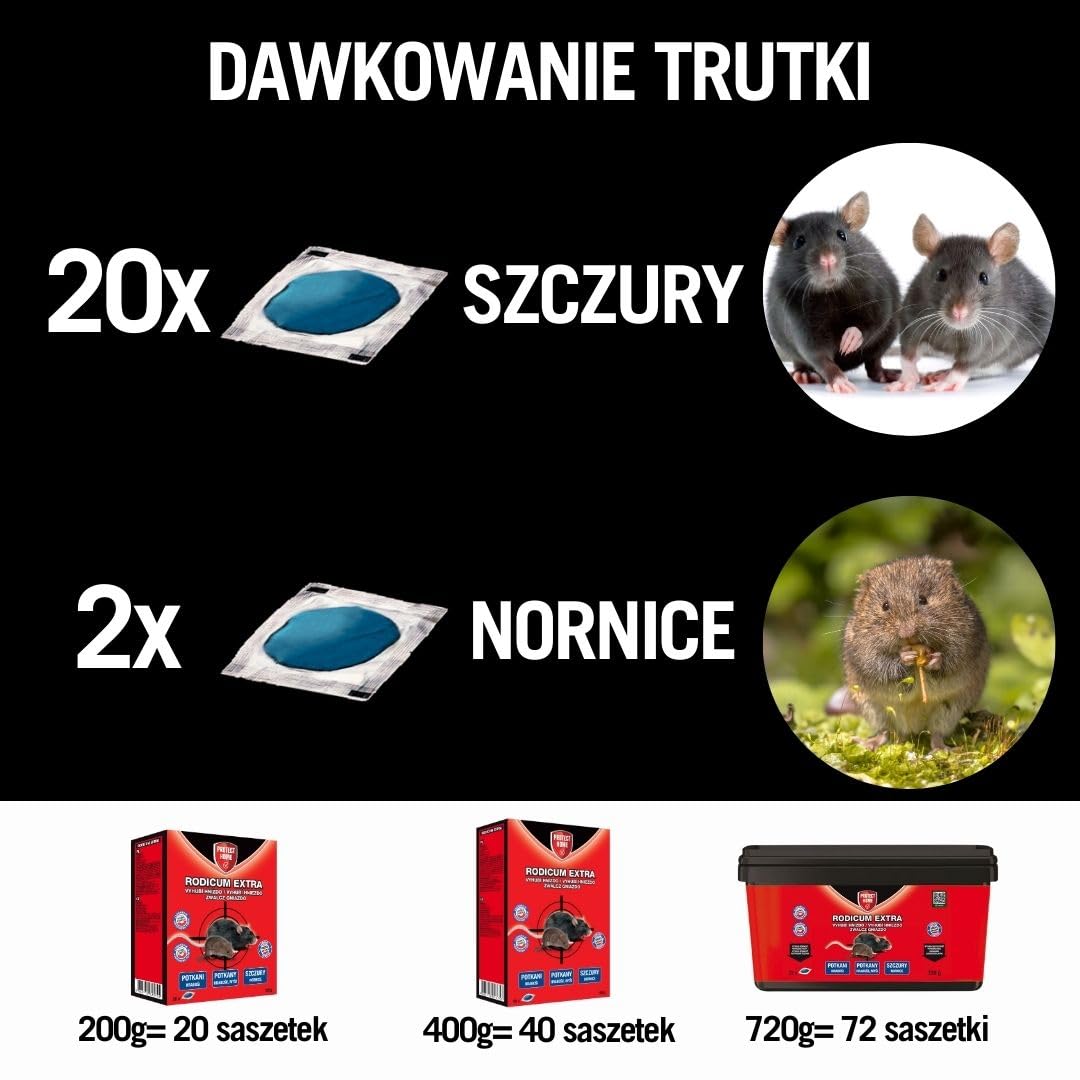 Rodium Extra 720g – Skuteczna Przynęta do Kontroli Gryzoni, Profesjonalny Środek na Szczury i Nornice do Użytku Wewnątrz i na Zewnątrz, Bezpieczna Formuła z Gorzkiem Składnikiem, 72 x 10g Saszetki