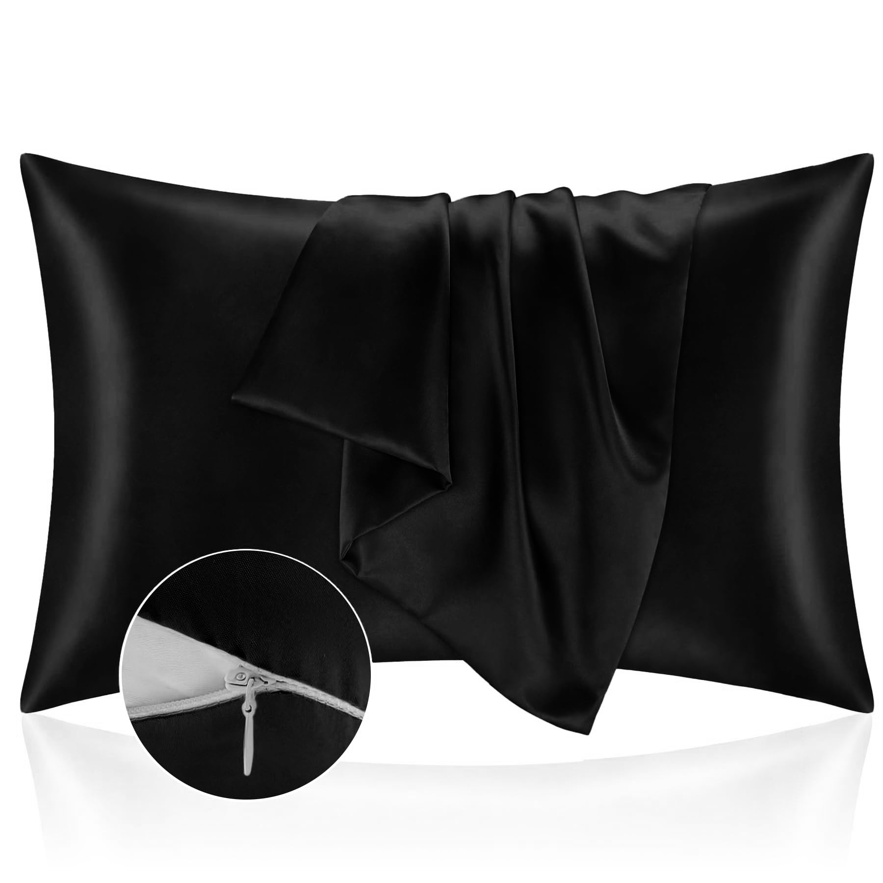Pillow Cases for Bed 50 x 90 cm in Satin – Silky Pillowcase Protect Skin and Hair – OEKO-TEX – Super Soft and Hypoallergenic – 2 Pieces Pillowcase with Black Zipper