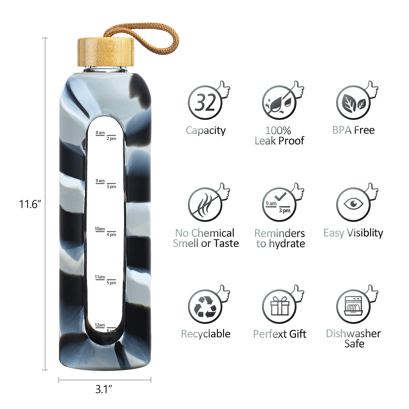 907 ml Borosilikatglas-Wasserflaschen mit Times to Drink BPA-frei, wiederverwendbare Glas-Wasserflasche mit Silikonhülle, Bambusdeckel und Bonusbürste, Schwarz und Weiß
